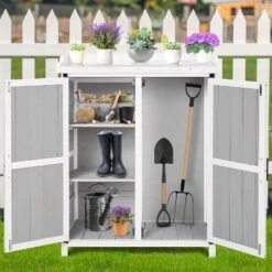 Potting Bench Outdoor Cabinet With Metal Tabletop, Wooden Storage Cabinets Weatherproof, Planting Work Benches With Adjustable Shelf
