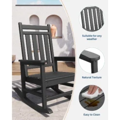 Adirondack Outdoor Patio Rocking Chair, All Weather HDPE Glider Rocker Chair With High Backrest For Porch Balcony Lawn, 380 Lbs Capacity