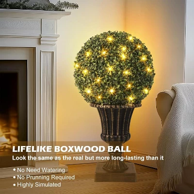 16inch Prelit Faux Boxwood Balls With Sturdy Pot Base, UV Resistant & Waterproof Fake Greenery Plants, For Front Porch Garden Home Decor 3 16inch Prelit Faux Boxwood Balls With Sturdy Pot Base, UV Resistant & Waterproof Fake Greenery Plants, For Front Porch Garden Home Decor - Image 3