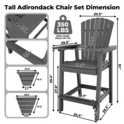 Patio HDPE Adirondack Chairs, Outdoor Tall Seating, For Deck, Balcony, Backyard, Patio Bar Stool Chair, Gray
