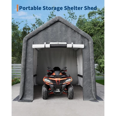 10x10FT Outdoor Storage Shed Carport With Roll-Up Zipper Door, Portable Garage Storage Shelter Heavy Duty Waterproof PE Tarp For Bike, ATV, Grey 5 10x10FT Outdoor Storage Shed Carport With Roll-Up Zipper Door, Portable Garage Storage Shelter Heavy Duty Waterproof PE Tarp For Bike, ATV, Grey - Image 5