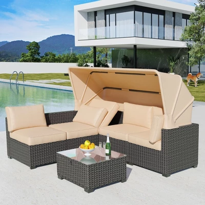 6-Piece Outdoor Daybed Patio Set With Adjustable Backrests, Canopy, PE Wicker Sectional & Tempered Glass Side Table 4 6-Piece Outdoor Daybed Patio Set With Adjustable Backrests, Canopy, PE Wicker Sectional & Tempered Glass Side Table - Image 4