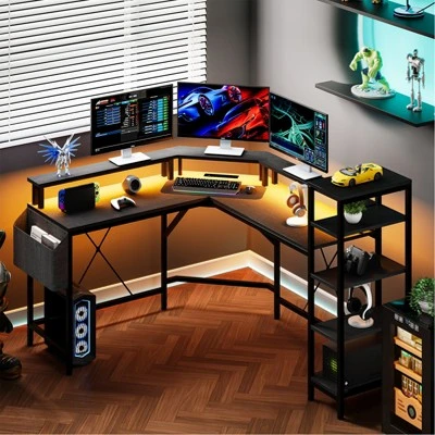 61" L Shaped Gaming Desk, With Monitor Stand, L-Shaped Corner Computer Desks, Built-in LED Lights And Side Storage Pockets, For Small Spaces 2 61" L Shaped Gaming Desk, With Monitor Stand, L-Shaped Corner Computer Desks, Built-in LED Lights And Side Storage Pockets, For Small Spaces - Image 2