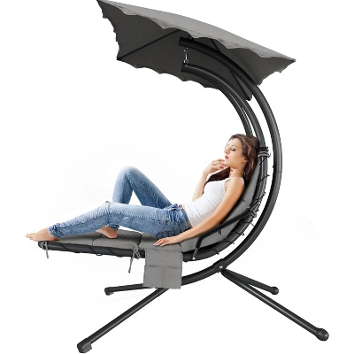 Hanging Chaise Lounge Swing Chair With Canopy, Curved Steel Hammock Lounger For Indoor And Outdoor Use, Patio, Pool, Garden 6 Hanging Chaise Lounge Swing Chair With Canopy, Curved Steel Hammock Lounger For Indoor And Outdoor Use, Patio, Pool, Garden - Image 6