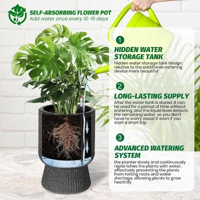 14.2" Tall Planters Set Of 2, Self Watering Pots With Built-in Drainage And A Water Level Monitor 1 14.2" Tall Planters Set Of 2, Self Watering Pots With Built-in Drainage And A Water Level Monitor