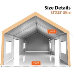13 X 25 FT Metal Carport, With Side-Opening Door & Roll-Up Windows, All-Inclusive Metal Carport, Outdoor Portable Garage Shelters Tents, Yellow