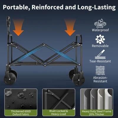 Collapsible Wagon Cart, 380 Lbs Capacity Heavy Duty Foldable Portable Camping Cart With All Terrain Wheels, Utility Beach Wagon For RV Grocery, Black 2 Collapsible Wagon Cart, 380 Lbs Capacity Heavy Duty Foldable Portable Camping Cart With All Terrain Wheels, Utility Beach Wagon For RV Grocery, Black - Image 2