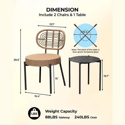 3 Pieces Patio Set Outdoor Wicker Bistro Set All-Weather Rattan Deck Conversation Set Of 3 With Table & Cushions For Deck Patio Balcony Backyard 2 3 Pieces Patio Set Outdoor Wicker Bistro Set All-Weather Rattan Deck Conversation Set Of 3 With Table & Cushions For Deck Patio Balcony Backyard - Image 2