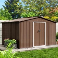10X12 FT Outdoor Storage Shed, Galvanized Steel Storage Shed, Steel Sliding Doors, Weather Resistant, Garden Tool Shed With Lockable Door