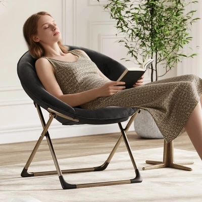 Saucer Chair, Comfy Chair Faux Fur Lounge Moon Chair With Folding Metal Frame, Flower Accent Seat 1 Saucer Chair, Comfy Chair Faux Fur Lounge Moon Chair With Folding Metal Frame, Flower Accent Seat