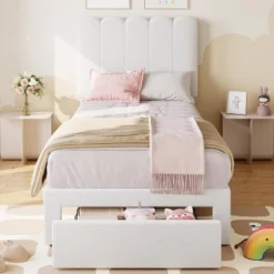 Twin Bed Frame With Under-Bed Drawer Storage – Velvet/Boucle Upholstered Wave Headboard For Girls, Wood Slat Support (No Box Spring), White/Pink 8 Twin Bed Frame With Under-Bed Drawer Storage – Velvet/Boucle Upholstered Wave Headboard For Girls, Wood Slat Support (No Box Spring), White/Pink -Living Aura Store GUEST 16d0f35c ed3d 4ebd aa45 17638f2a612f
