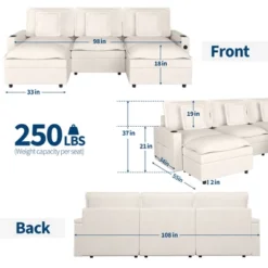 108 Inch Chenille Modular U Shaped Cloud Couch, 3-Seater Sofas With Movable Ottoman And Cup Holder, Sectional Couches For Living Room