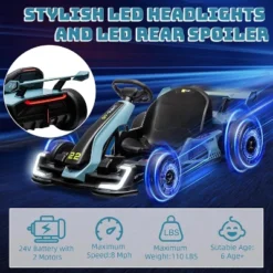 24V Electric Go Kart For Kids, With 2 * 150W Motors, Adjustable Seat, 8mph Speed, Led Lights, For Children Ages 6-15