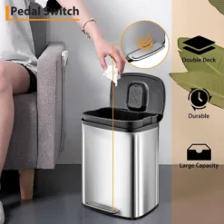 13 Gallon Step Trash Can, Stainless Steel Waste Bin With Removable Inner Bucket & Soft-Close Lid