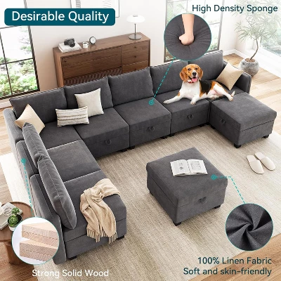 Modular Sofa Sectional Sleeper Couch With 2 Ottomans, 9 Seat Convertible U Shaped Modular Couch With Storage, Oversized Sofa Sleeper 5 Modular Sofa Sectional Sleeper Couch With 2 Ottomans, 9 Seat Convertible U Shaped Modular Couch With Storage, Oversized Sofa Sleeper - Image 5