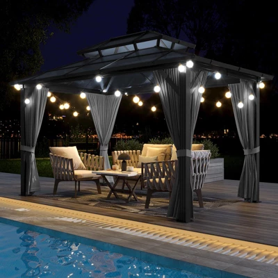 10x13 FT Outdoor Gazebo With Polycarbonate Double Roof, Aluminum Frame Pergola With Curtains And Netting For Patio, Garden, Patio, Lawns, Khaki 5 10x13 FT Outdoor Gazebo With Polycarbonate Double Roof, Aluminum Frame Pergola With Curtains And Netting For Patio, Garden, Patio, Lawns, Khaki - Image 5