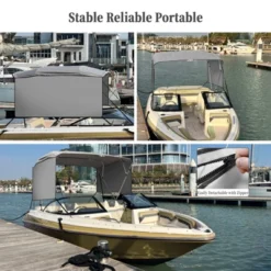 4 Bow Bimini Tops For Boat, Boat Canopy With Zippered Side Curtains, Marine Grade Canvas & PU-Coated Fabric, Include 2 Straps, 2 Rear Support Pole