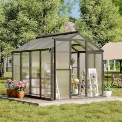 6x8x6.5 FT Greenhouses For Outdoors, Aluminum Green House With Polycarbonate Roof, Sliding Door, Adjustable Vent For Garden, Backyard, Patio, Black