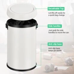 17 Gallon/65 Liter Swing Top Trash Can, Stainless Steel Rubbish Bin, Commercial Grade Waste Container, Round Garbage Can For Outdoor, Indoor White -Living Aura Store GUEST 265373f9 7245 43fe b4b1 4f0a69b66561