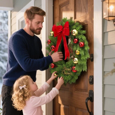 24 Inch Christmas Wreath With Red Bow & Balls, Artificial Pine Greenery Wreath For Home Fireplace Wall Window Porch Entryway 2 24 Inch Christmas Wreath With Red Bow & Balls, Artificial Pine Greenery Wreath For Home Fireplace Wall Window Porch Entryway - Image 2