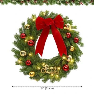 24 Inch Christmas Wreath With Red Bow & Balls, Artificial Pine Greenery Wreath For Home Fireplace Wall Window Porch Entryway 3 24 Inch Christmas Wreath With Red Bow & Balls, Artificial Pine Greenery Wreath For Home Fireplace Wall Window Porch Entryway - Image 3