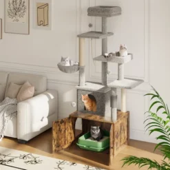 Cat Tree With Litter Box Enclosure - Hidden Cat Washroom, Indoor Kitten House With Scratching Posts, Multi Platform And Condo, Cat Tower, Hammock -Living Aura Store GUEST 2f08b5ad 8141 4942 aa18 8ce8f96cf07c