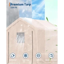 10x10FT Outdoor Storage Shed Carport With Roll-Up Zipper Door, Portable Garage Storage Shelter Heavy Duty Waterproof PE Tarp For Bike, ATV, Khaki