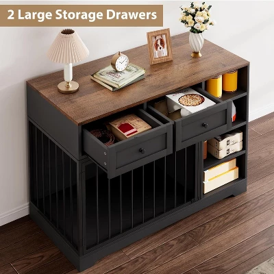 Dog Crate, Wooden Dog Kennel End Table With 2 Drawers And 4 Open Storage Shelves, Removable Bowls 5 Dog Crate, Wooden Dog Kennel End Table With 2 Drawers And 4 Open Storage Shelves, Removable Bowls - Image 5