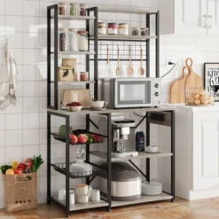 Bakers Rack With Power Outlets & Hooks, Industrial Microwave Stand With Storage, Slim Coffee Bar Station Kitchen Shelves For Small Spaces -Living Aura Store GUEST 35f62e05 23c6 45ef 8df8 ac6f0c044196