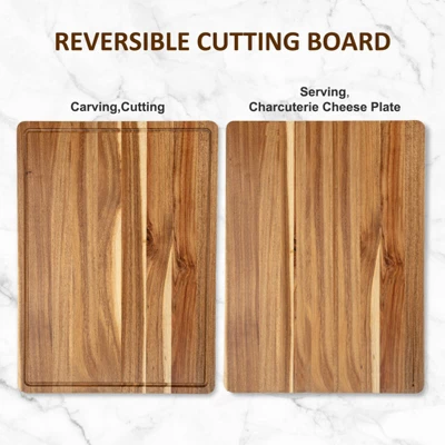 Large Acacia Wood Cutting Board, 20x15 Inch, Wooden Charcuterie Boards Butcher Block With Deep Juice Grooves & Recessed Handle For Kitchen, 2 Pack 5 Large Acacia Wood Cutting Board, 20x15 Inch, Wooden Charcuterie Boards Butcher Block With Deep Juice Grooves & Recessed Handle For Kitchen, 2 Pack - Image 5
