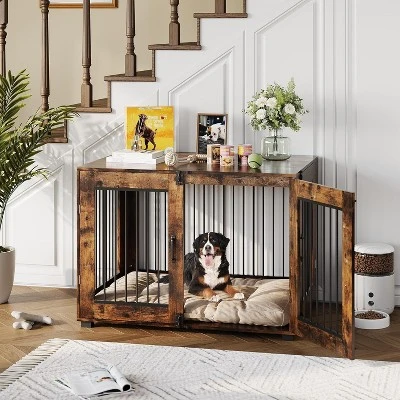 Wooden Dog Crate With Dual Locking Doors, Chew-Resistant Breed Indoor Kennel, Pet Cage End Table 1 Wooden Dog Crate With Dual Locking Doors, Chew-Resistant Breed Indoor Kennel, Pet Cage End Table