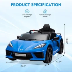 12V Kids Ride On Car, Sports Licensed Corvette Electric Car Toy For Toddles, With Remote Control, Visual Dashboard, LED Lights, Music, For Kids 3-10