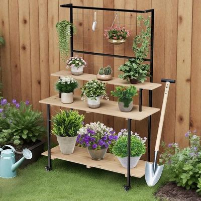 3 Tier Plant Stand With Wheels, Gridwall Display Stand With Gridwall Panels & Hanging Bar, Heavy Duty Metal Plant Shelf Rack For Home Garden 3 3 Tier Plant Stand With Wheels, Gridwall Display Stand With Gridwall Panels & Hanging Bar, Heavy Duty Metal Plant Shelf Rack For Home Garden - Image 3