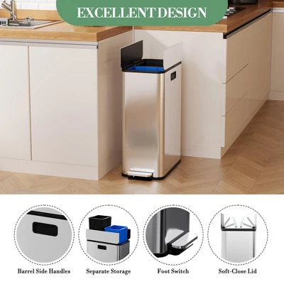 15-Gallon Dual Trash Can, Step-On Pedal Kitchen Trash Bin With Butterfly Lid, Removable Inner Bucket 3 15-Gallon Dual Trash Can, Step-On Pedal Kitchen Trash Bin With Butterfly Lid, Removable Inner Bucket - Image 3