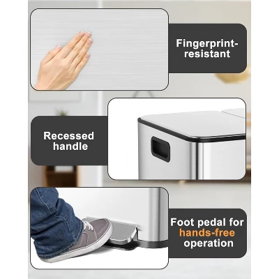 3x5.3 Gallon Trash And Recycle Bin Combo, 3 Compartment Stainless Steel Garbage Can With Soft Close Lids & Removable Inner Buckets For Kitchen Office 3 3x5.3 Gallon Trash And Recycle Bin Combo, 3 Compartment Stainless Steel Garbage Can With Soft Close Lids & Removable Inner Buckets For Kitchen Office - Image 3