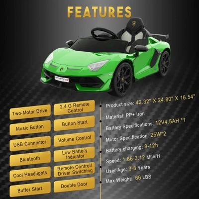 12V Kids Electric Car With Remote Control, LED Lights & Sound System - Licensed Lamborghini Battery Powered Ride-On Toy For Boys & Girls 2 12V Kids Electric Car With Remote Control, LED Lights & Sound System - Licensed Lamborghini Battery Powered Ride-On Toy For Boys & Girls - Image 2