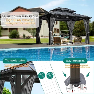 10x13 FT Outdoor Gazebo With Polycarbonate Double Roof, Aluminum Frame Pergola With Curtains And Netting For Patio, Garden, Patio, Lawns, Khaki 1 10x13 FT Outdoor Gazebo With Polycarbonate Double Roof, Aluminum Frame Pergola With Curtains And Netting For Patio, Garden, Patio, Lawns, Khaki