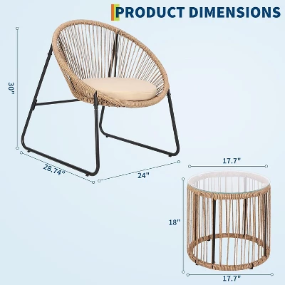 3 Piece Outdoor Seating Acapulco Chair Glass Top Side Table And 2 Chairs With Cushions PE Rattan All-Weather Patio Conversation Bistro Set 5 3 Piece Outdoor Seating Acapulco Chair Glass Top Side Table And 2 Chairs With Cushions PE Rattan All-Weather Patio Conversation Bistro Set - Image 5