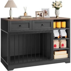 Dog Crate, Wooden Dog Kennel End Table With 2 Drawers And 4 Open Storage Shelves, Removable Bowls 15 Dog Crate, Wooden Dog Kennel End Table With 2 Drawers And 4 Open Storage Shelves, Removable Bowls -Living Aura Store GUEST 4c57bef7 ae2d 491a aec6 f0bf998729e5