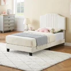 DobleePy Twin Plus Size Beige Kids Bed, Sturdy Velvet Headboard, Oak Wood Slats, Squeak Resistant, No Box Spring Needed, Easy Assembly -Living Aura Store GUEST 4c7a3b2f ac30 4557 a7c4 d8e41f5719a9