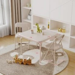 3-Piece Folding Upholstered Table And Chair, Square Card Table And Chair Set With Pu Soft Cushion, Metal Frame Children's Activity Table And Chairs