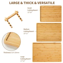 Bamboo Wood Cutting Boards Set Of 3 With Holder, Kitchen Chopping Boards With Inner Handle