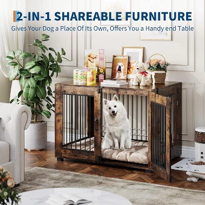 Wooden Dog Crate With Dual Locking Doors, Chew-Resistant Breed Indoor Kennel, Pet Cage End Table 2 Wooden Dog Crate With Dual Locking Doors, Chew-Resistant Breed Indoor Kennel, Pet Cage End Table - Image 2