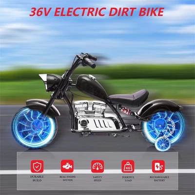 Kids Electric Dirt Bike, 36V Powered Ride On Motorcycle, 350W Torque Motorbike W/Training Wheel, Leather Seat, Music, LED Headlight For Boys Girls 3 Kids Electric Dirt Bike, 36V Powered Ride On Motorcycle, 350W Torque Motorbike W/Training Wheel, Leather Seat, Music, LED Headlight For Boys Girls - Image 3