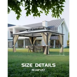 12'x16' Hardtop Gazebo, Outdoor Polycarbonate Double Roof Canopy, Aluminum Frame Pergola With Curtains And Netting For Garden, Patio, Lawns, Khaki -Living Aura Store GUEST 564a948b 1a94 49b9 9a70 6b7a54ac6383