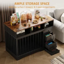 48'' High Quality Wood Dog Crate Furniture With Bowl & Storage Drawers For Small Medium, Black -Living Aura Store GUEST 56e25d94 508d 44e1 96c4 877e6a737815