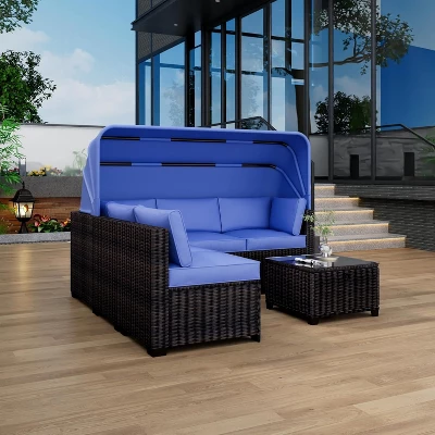 6 Pieces Patio Sectional Sofa Set, PE Rattan Daybed, Outdoor Wicker Sunbed Chaise Chair, Adjustable Backrest, For Poolside, Backyard 9 6 Pieces Patio Sectional Sofa Set, PE Rattan Daybed, Outdoor Wicker Sunbed Chaise Chair, Adjustable Backrest, For Poolside, Backyard - Image 9