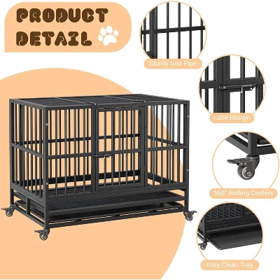 Heavy Duty Indestructible Dog Crate Steel Escape Proof, Indoor Dog House High Anxiety Cage, Kennel With Wheels, Removable Tray 3 Heavy Duty Indestructible Dog Crate Steel Escape Proof, Indoor Dog House High Anxiety Cage, Kennel With Wheels, Removable Tray - Image 3