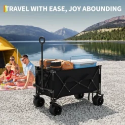 Heavy Duty Utility Beach Wagon Cart - Collapsible Wagon Beach With All Terrain Wheels, Extra Long Wagon Cart Foldable, Cup Holders For Sand