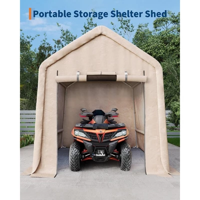10x10FT Outdoor Storage Shed Carport With Roll-Up Zipper Door, Portable Garage Storage Shelter Heavy Duty Waterproof PE Tarp For Bike, ATV, Khaki 4 10x10FT Outdoor Storage Shed Carport With Roll-Up Zipper Door, Portable Garage Storage Shelter Heavy Duty Waterproof PE Tarp For Bike, ATV, Khaki - Image 4